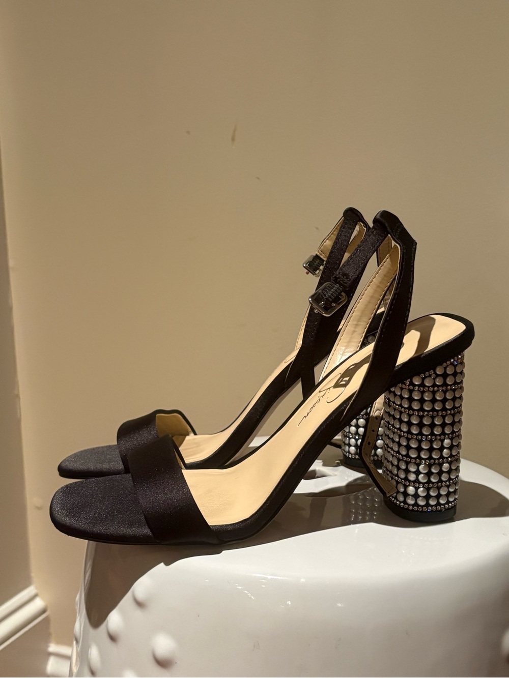 Jessica Simpson Black Satin Open-Toe Ankle-Strap Heels with Crystal Block Heel